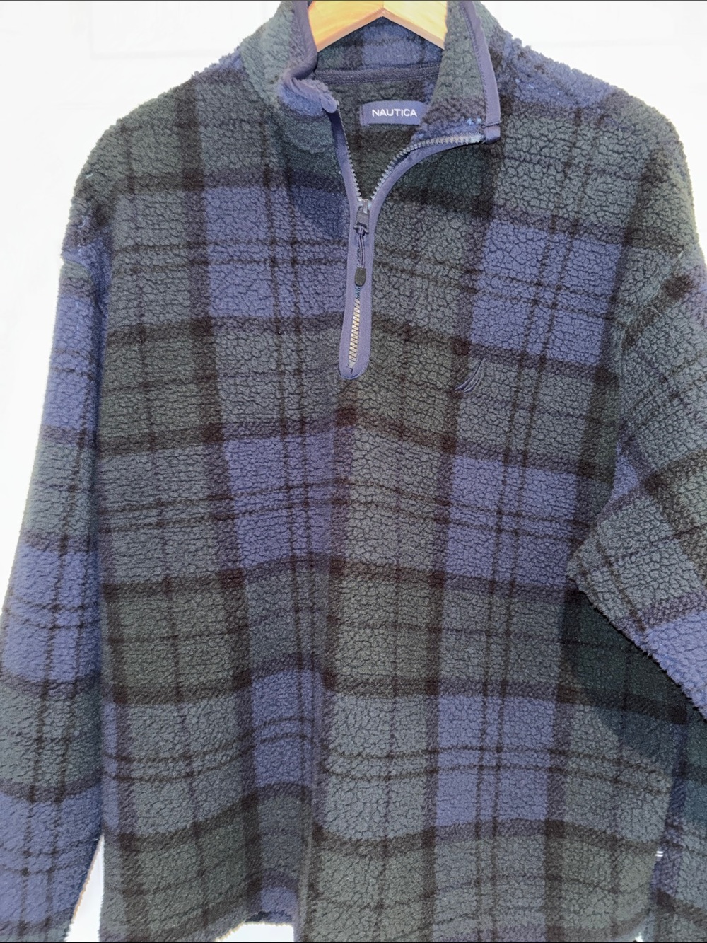 Nautica Men’s Blue & Gray Plaid Zip-Up Fleece Pullover
